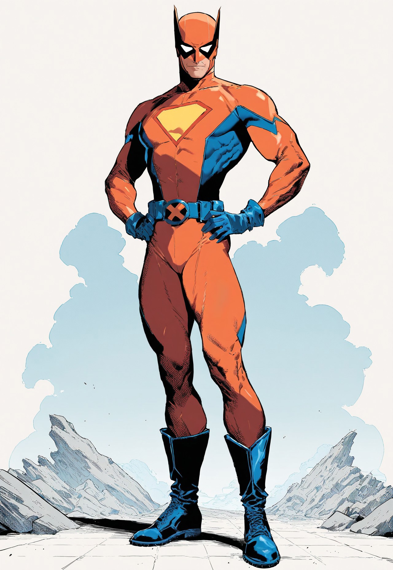 masterpiece, high score, great score, absurdres, SUP3RH3R0 Style, 1boy, male focus, solo, mask, superhero, boots, hands on hips, belt, bodysuit, gloves, skin tight, full body, standing, muscular, looking at viewer, comic art style