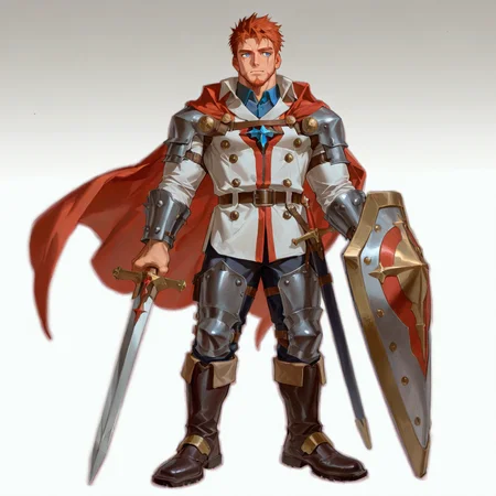 <lora:Vettel_Alchemist_Code-000005:.5> tagatamevettel, collared shirt, long sleeve shirt, cape, armor, shield, sword, boots, 1boy, mature boy, muscle body, ginger short hair, spiked hair, blue eyes, (scar on eyes:1.2)
(very short hair, beard, bara, mature, facial hair, stubble, beard, full beard, sideburn, beard, a lot of beard, ), facial hair,male focus, muscular male, muscular male, bara, mature,  bara, mature, aixiwuganda_(20222192), very awa, masterpiece, best quality, absurdres, newest, perfect quality, detailed background, intricate details,
<lora:slider_Body Type_alpha1.0_rank4_noxattn_last:3><lora:Anime Summer Days 2 Style SDXL_LoRA_Pony Diffusion V6 XL:.6><lora:slider_cfg_scale_boost:.7><lora:Artist6p:.55>, Artist6p, Artist04p,<lora:slider_il_brightness_slider_d1:-1><lora:slider_il_contrast_slider_d1:-1><lora:slider_DarkSlider1.2_alpha1.0_rank16_full_300steps:-.6>