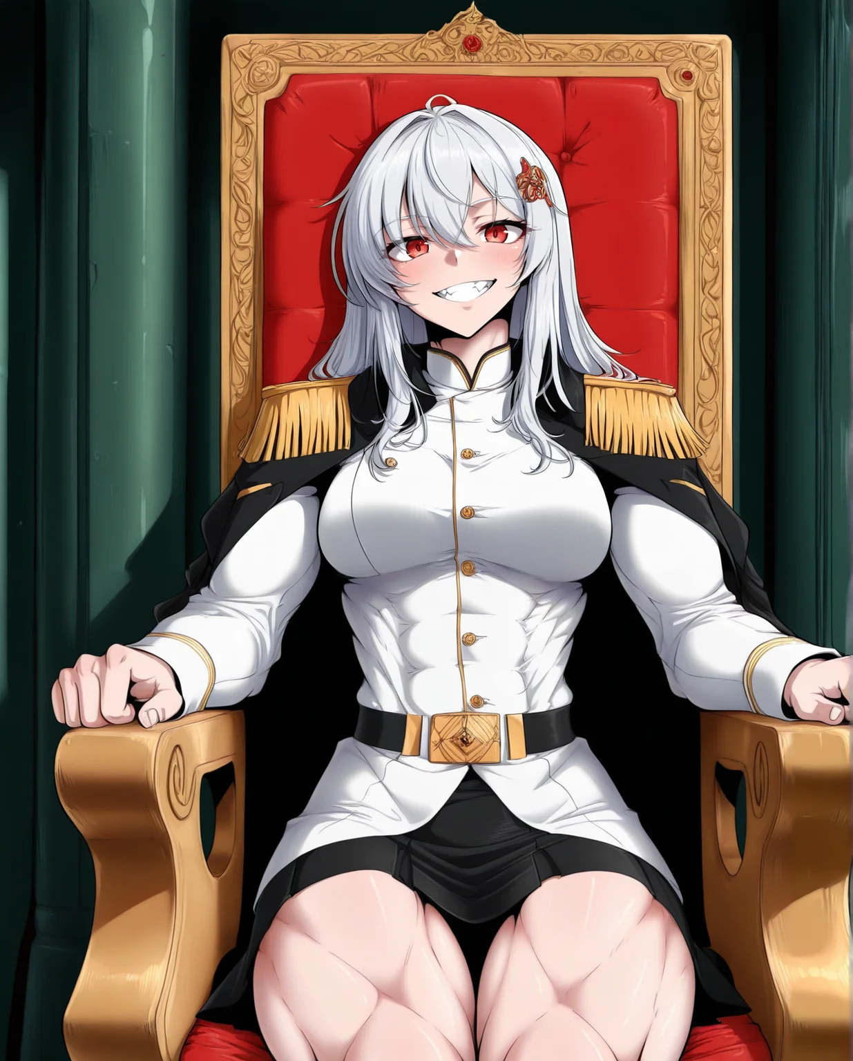 masterpiece,best quality,higres illustration,very aesthetic,detailed face, detailed teeth,detailed background, MastCom0, scenery, 1girl, solo, toned, toned female, alpha1918, white hair, long hair, red eyes, hair ornament, black skirt, golden epaulets, sexy, white outfit, blue stripe, breasts, sitting, on luxury throne, facing viewer, looking at viewer, <lora:StS_Age_Slider_Illustrious_v1_1055288:-1><lora:Muscle slider IXLJK2_alpha16.0_rank32_full_last_1413174:1><lora:Breasts size slider NNFFS_alpha16.0_rank32_full_last_1406745:-1><lora:highresbodyfix_v1:1><lora:illustriousXLv01_stabilizer_v1.121_1575425:1><lora:_ÐÐ°ÑÑÐÐ¾Ð¼0__MastCon0_style:1>