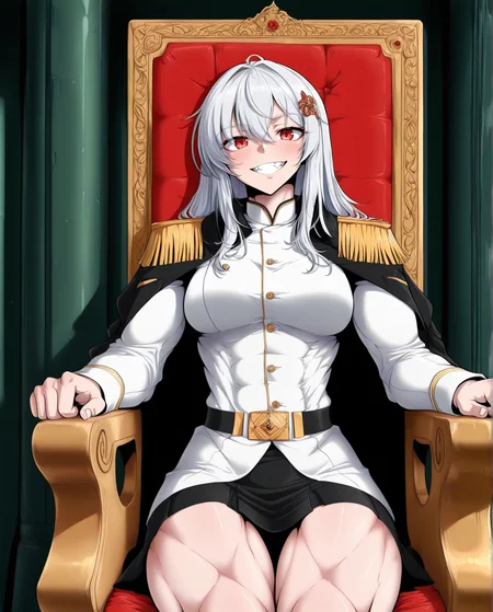 masterpiece,best quality,higres illustration,very aesthetic,detailed face, detailed teeth,detailed background, MastCom0, scenery, 1girl, solo, toned, toned female, alpha1918, white hair, long hair, red eyes, hair ornament, black skirt, golden epaulets, sexy, white outfit, blue stripe, breasts, sitting, on luxury throne, facing viewer, looking at viewer, <lora:StS_Age_Slider_Illustrious_v1_1055288:-1><lora:Muscle slider IXLJK2_alpha16.0_rank32_full_last_1413174:1><lora:Breasts size slider NNFFS_alpha16.0_rank32_full_last_1406745:-1><lora:highresbodyfix_v1:1><lora:illustriousXLv01_stabilizer_v1.121_1575425:1><lora:_ÐÐ°ÑÑÐÐ¾Ð¼0__MastCon0_style:1>