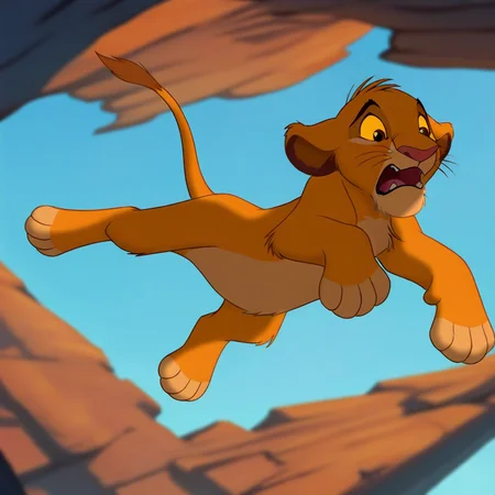 <lora:simba-Yiffy:1.0> cubsimba, solo, falling, midair, scared, mouth open, blue sky, from below, yellow sclera, brown eyes, BREAK best quality, high quality, masterpiece, rim light, backlighting
