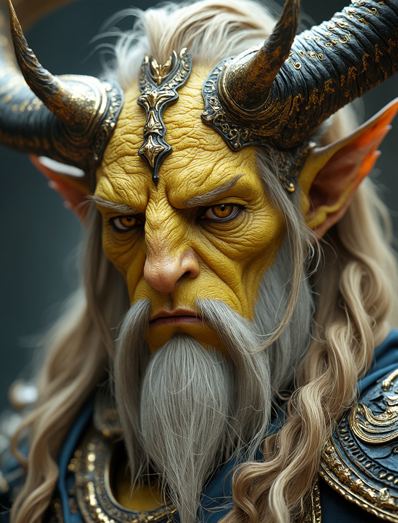 Close up portrait of an ancient yello-skinned tiefling with golden accents, he has long hair and beard and horns on his head, in the style of fantasy art, cinematic, octane render, hyper detailed, volumetric lighting, cinematic shot, in the style of artstation. hkevil, masterpiece, best quality, highly detailed, sharp focus, dynamic lighting