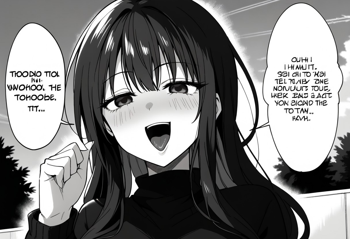 MangaStyle, greyscale, monochrome, text bubbles, japanese text,
outdoors, sky,
konodiopose, 
BREAK
(konodiopose:1.3), pointing, parody, meme, smile, open mouth, style parody, upper body, thumb pointing at self.
uzume mikoto, 1girl, solo,
turtleneck sweater, long sleeves, black sweater, 
long hair, black hair, empty eyes, 
tongue out, blush, half-closed eyes, shaded face,
breasts, >:), looking at another,
