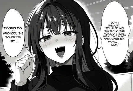MangaStyle, greyscale, monochrome, text bubbles, japanese text,
outdoors, sky,
konodiopose,
BREAK
(konodiopose:1.3), pointing, parody, meme, smile, open mouth, style parody, upper body, thumb pointing at self.
uzume mikoto, 1girl, solo,
turtleneck sweater, long sleeves, black sweater,
long hair, black hair, empty eyes,
tongue out, blush, half-closed eyes, shaded face,
breasts, >:), looking at another,