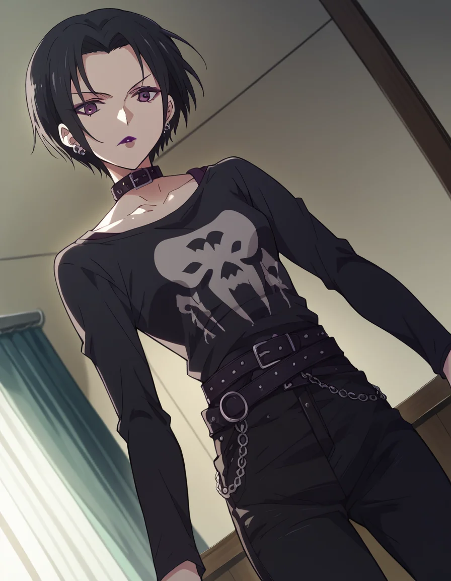 score_9, score_8_up, score_7_up, source_anime, <lora:goldentime-nana-s1-ponyxl-lora-nochekaiser:1> nana, short hair, black hair, jewelry, purple eyes, makeup, lipstick, small breasts,, jewelry, earrings, choker, belt, collar, collarbone, long sleeves, black shirt, black pants,, indoors, looking at viewer, solo,, cowboy shot, dutch angle
