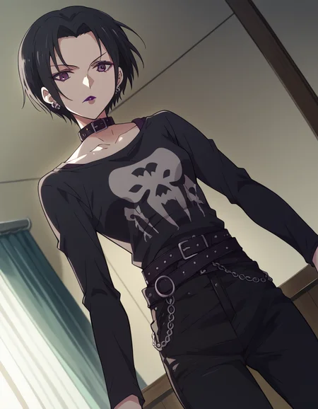 score_9, score_8_up, score_7_up, source_anime, <lora:goldentime-nana-s1-ponyxl-lora-nochekaiser:1> nana, short hair, black hair, jewelry, purple eyes, makeup, lipstick, small breasts,, jewelry, earrings, choker, belt, collar, collarbone, long sleeves, black shirt, black pants,, indoors, looking at viewer, solo,, cowboy shot, dutch angle