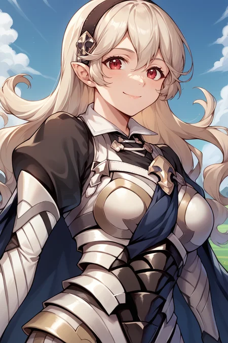 score_9, score_8_up, score_7_up, score_6_up, source_anime, BREAK 1girl, looking at you <lora:corrin-pdxl-nvwls-v1-000005:1> defCor, black hairband, armored dress, blue cape, puffy sleeves, juliet sleeves, vambraces, black gloves, armored legwear, big breasts, happy, blue sky, trees, field, upper body, closed mouth, smile