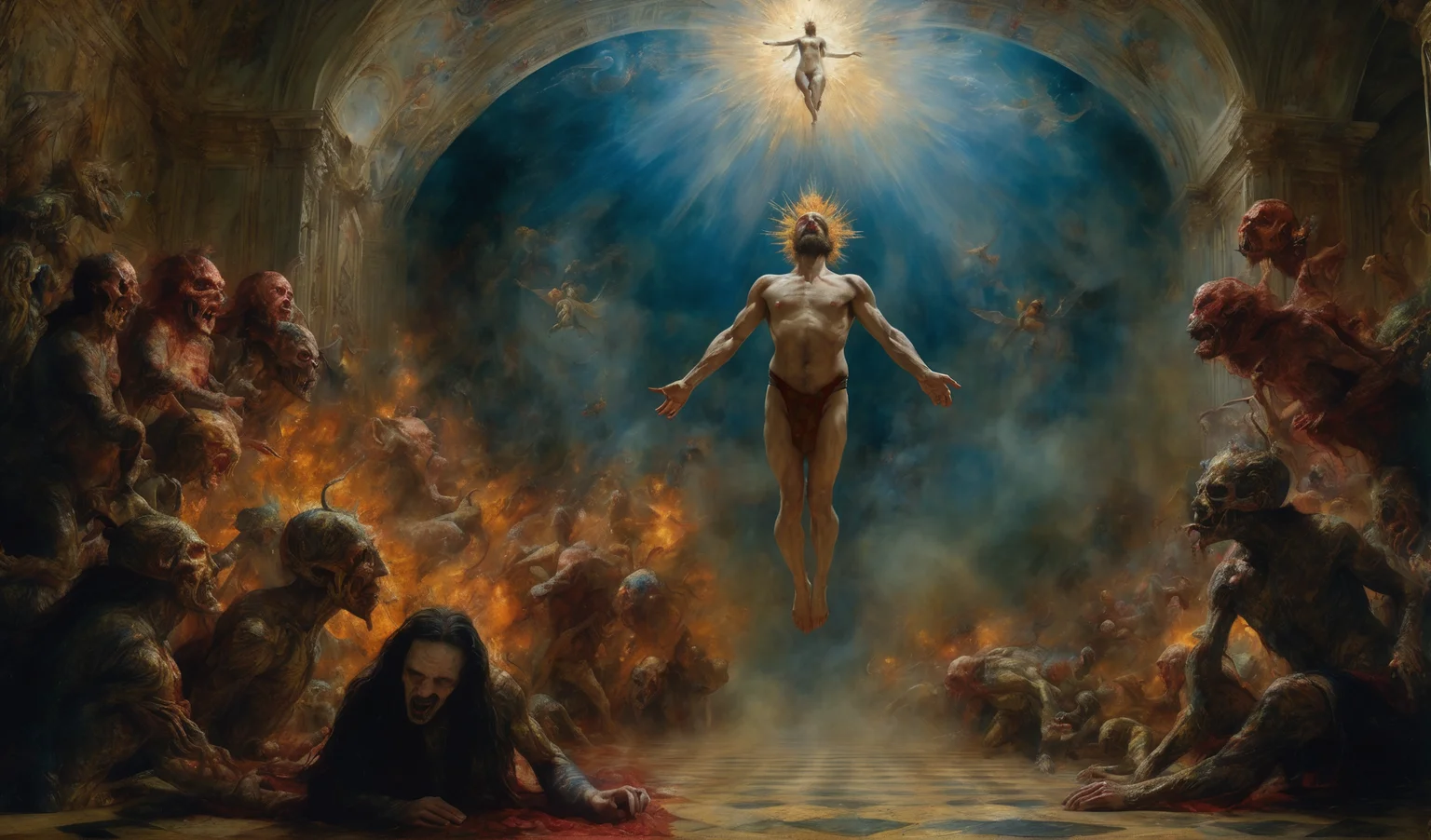 (fixed hand, loincloth:1.4). (Full body shot:1.2), intricate, dark fantasy, ultra detailed, surrealism, weird, expression art, grand scale, epic, zoomed out, wide angle, perfect hands.