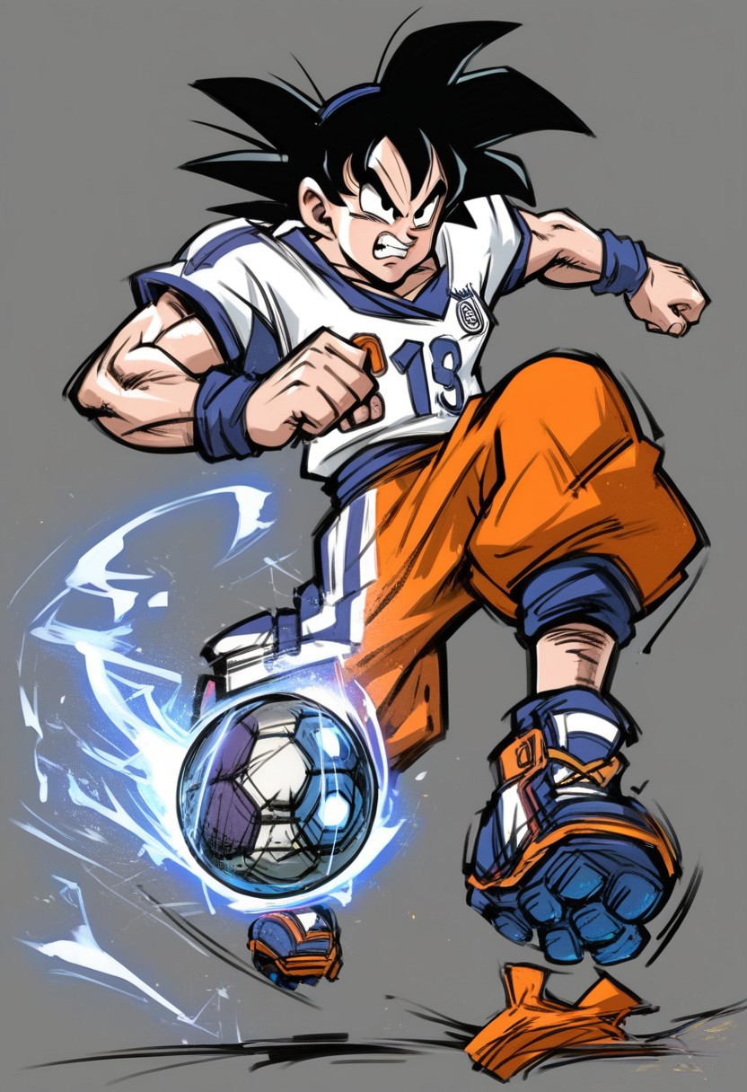 score_9, score_8_up, score_7_up, source_anime, soccer ball, sportswear, soccer uniform, full body, angry, goku, lineart,white aura,