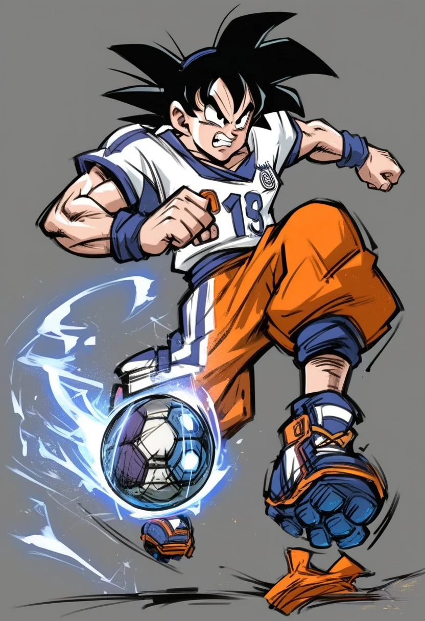 score_9, score_8_up, score_7_up, source_anime, soccer ball, sportswear, soccer uniform, full body, angry, goku, lineart,white aura,