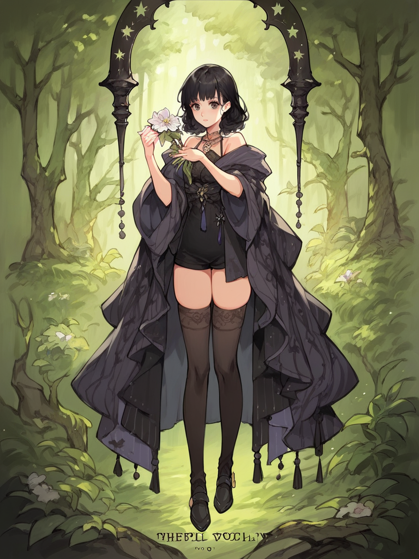 score_9, score_8_up, score_7_up, score_6_up, score_5_up,  shawl, holding flower, tarot, thighhighs, black hair, nature, 1girl <lora:4t4rXLP:0.8> 4t4r