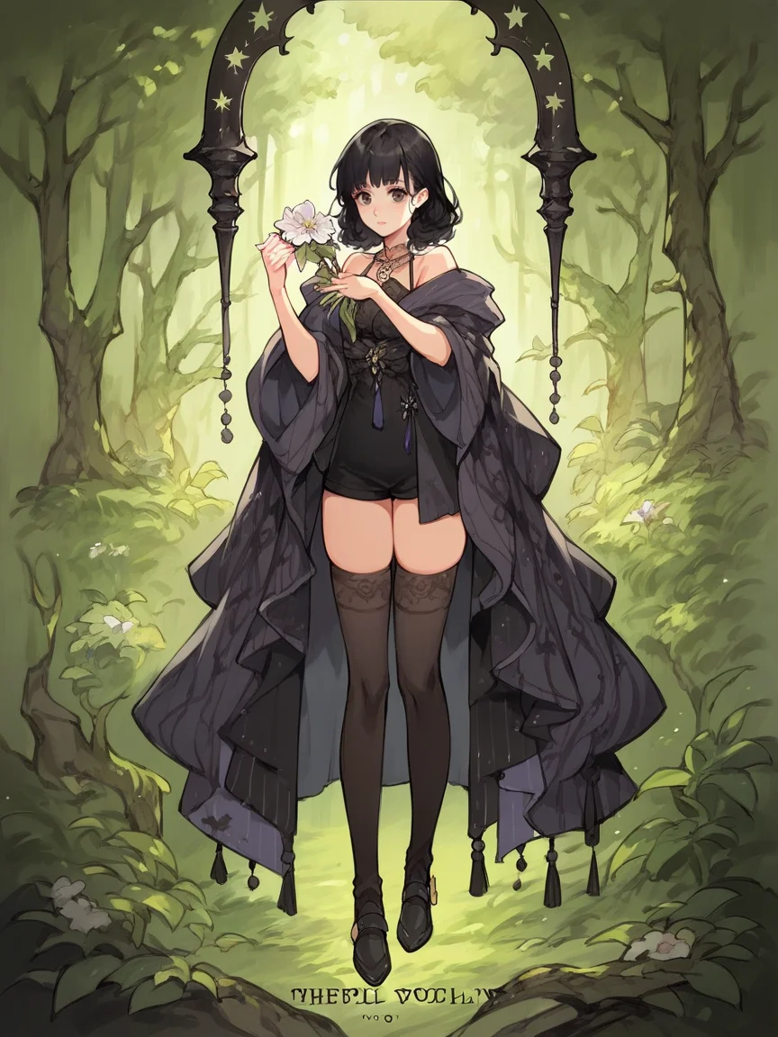 score_9, score_8_up, score_7_up, score_6_up, score_5_up, shawl, holding flower, tarot, thighhighs, black hair, nature, 1girl <lora:4t4rXLP:0.8> 4t4r