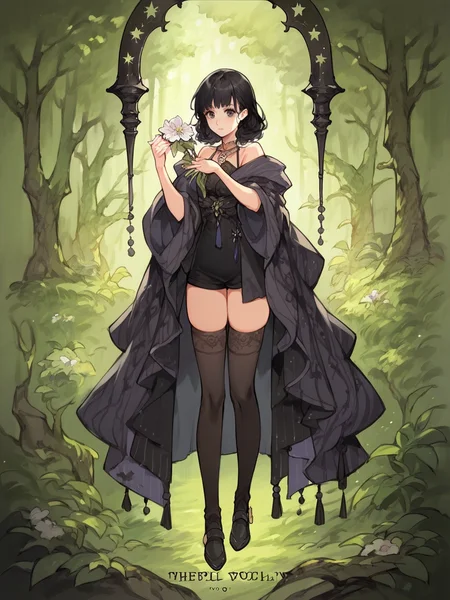 score_9, score_8_up, score_7_up, score_6_up, score_5_up, shawl, holding flower, tarot, thighhighs, black hair, nature, 1girl <lora:4t4rXLP:0.8> 4t4r