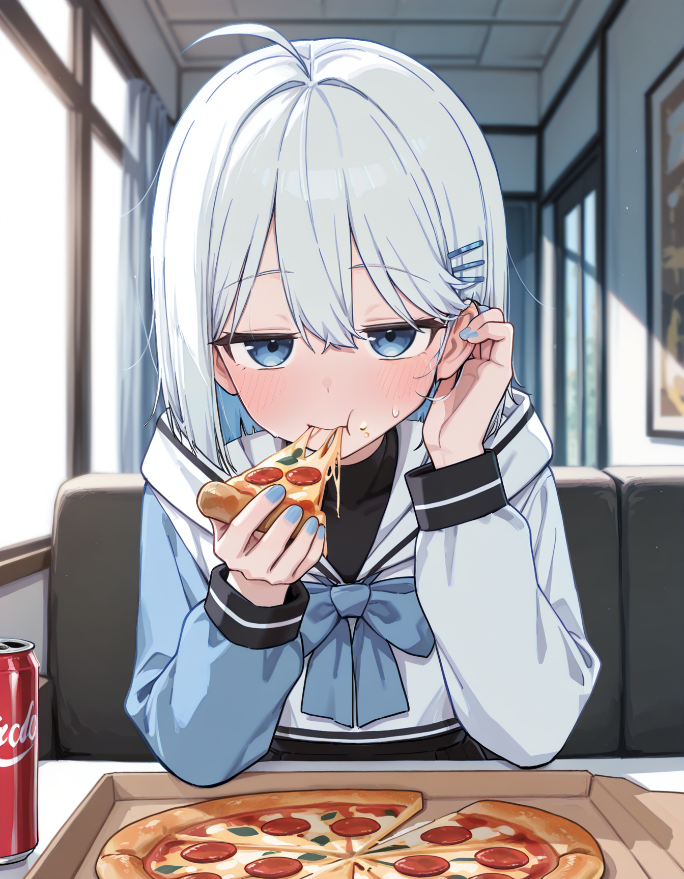 masterpiece, best quality, amazing quality, very aesthetic, absurdres, newest, (scenery, volumetric lighting), 1girl, wagashi \(dagashiya\), ie \(raarami\), manglifer, [[[yamamoto souichirou)]]], NewSegu, GSG, white hair, short hair, bob cut, ahoge, hair between eyes, blue eyes, blue hairclip, white shirt, sailor shirt, blue bowtie, white crop top, white hood, ((mismatched sleeves)), blue sleeves, white sleeves, black dress, strapless dress, black skirt, long sleeves, from front, pov across table, blurry background, solo, sitting, on couch, black couch, looking at viewer, living room, small breasts, blue nails, (((hands up, holding pizza, pizza slice, perfect hands, tucking hair, food bite))), cheese trail, (blush, looking at viewer, jitome, in heat, embarrassed), food on face, sweatdrop, (eating, full mouth, food bite), Single pizza box on table. Soda cans,caststation illu