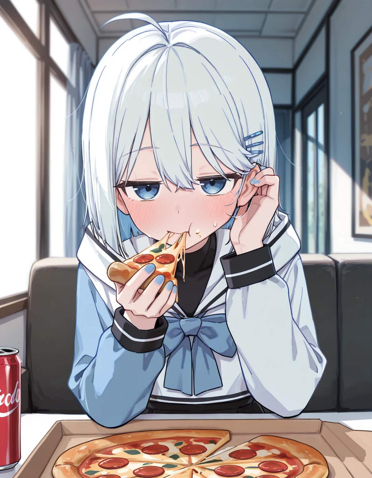 masterpiece, best quality, amazing quality, very aesthetic, absurdres, newest, (scenery, volumetric lighting), 1girl, wagashi \(dagashiya\), ie \(raarami\), manglifer, [[[yamamoto souichirou)]]], NewSegu, GSG, white hair, short hair, bob cut, ahoge, hair between eyes, blue eyes, blue hairclip, white shirt, sailor shirt, blue bowtie, white crop top, white hood, ((mismatched sleeves)), blue sleeves, white sleeves, black dress, strapless dress, black skirt, long sleeves, from front, pov across table, blurry background, solo, sitting, on couch, black couch, looking at viewer, living room, small breasts, blue nails, (((hands up, holding pizza, pizza slice, perfect hands, tucking hair, food bite))), cheese trail, (blush, looking at viewer, jitome, in heat, embarrassed), food on face, sweatdrop, (eating, full mouth, food bite), Single pizza box on table. Soda cans,caststation illu