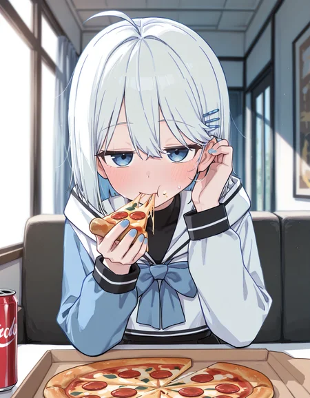 masterpiece, best quality, amazing quality, very aesthetic, absurdres, newest, (scenery, volumetric lighting), 1girl, wagashi \(dagashiya\), ie \(raarami\), manglifer, [[[yamamoto souichirou)]]], NewSegu, GSG, white hair, short hair, bob cut, ahoge, hair between eyes, blue eyes, blue hairclip, white shirt, sailor shirt, blue bowtie, white crop top, white hood, ((mismatched sleeves)), blue sleeves, white sleeves, black dress, strapless dress, black skirt, long sleeves, from front, pov across table, blurry background, solo, sitting, on couch, black couch, looking at viewer, living room, small breasts, blue nails, (((hands up, holding pizza, pizza slice, perfect hands, tucking hair, food bite))), cheese trail, (blush, looking at viewer, jitome, in heat, embarrassed), food on face, sweatdrop, (eating, full mouth, food bite), Single pizza box on table. Soda cans,caststation illu