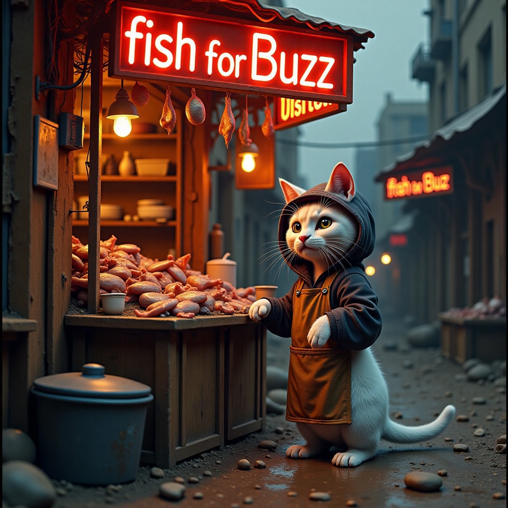 a realistic picture, , ((cute skinny  white cat wearing hoodie with apron standing in front of his fish stall in fish market, butcher's hat , win right hand he got fish, begging face,  on top of his street stall ,The neon signs glow warmly reads "fish for Buzz ", creating a nostalgic atmosphere (dynamic lighting:1,0),  background, ruined market after war, in midlle eastern country ,(intricate details,naturalism,hyperdetailed,hyperrealistic:1.55)
 mvpstrCE style 
((((Display the text help me with buzz!" on a movie poster)))). no human