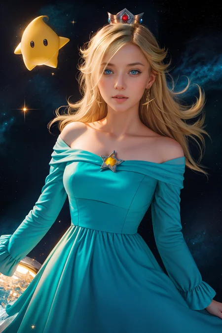 masterpiece, best quality, beautiful, <lora:Rosalina:.8> [IncrsRosalinaDef:Maria:.75], blue dress, long hair, blonde, space, galaxy, night, starry sky, holding, holding star, luma <lora:MariaV2:.4>