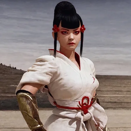 cinematic film still, saturated colors, negative space, 
1 adult woman, 
TKNKZMI, black hair, blunt bangs, 

(breaking bad style), face of Marie Schrader, (solo female focus), 
red eyeshadow, sidelocks, hair ornament, hair bun, white kimono, arm guards,

leading lines, 
backdrop is DOJO, scenery,