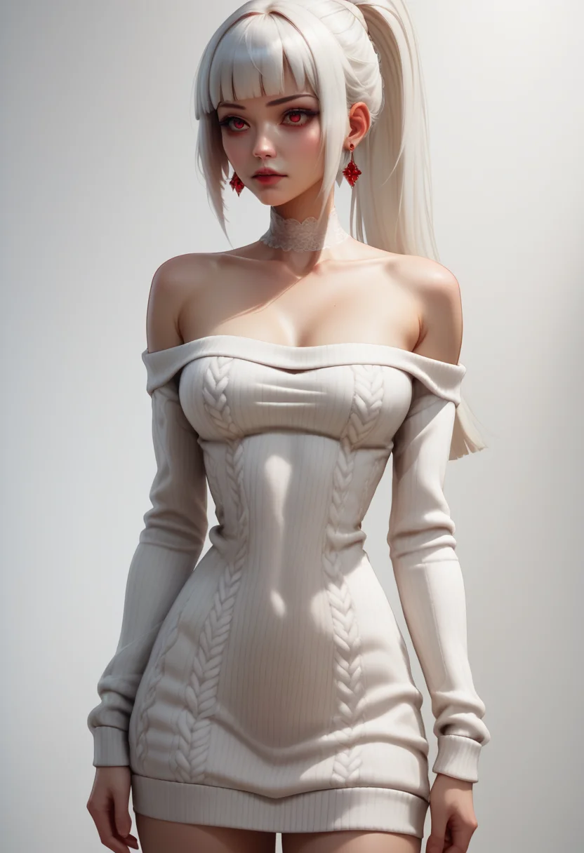 score_9, score_8_up, score_7_up,
1girl, solo, sexy short sweater dress, white dress, scoop neck, long sleeves, bare shoulders, lace choker, ruby earrings, standing, contrapposto, full body,
<lora:Dark_Sayuki_Pony_v0.1:0.5> d4rks4yuk1, white hair, hime cut, ponytail,