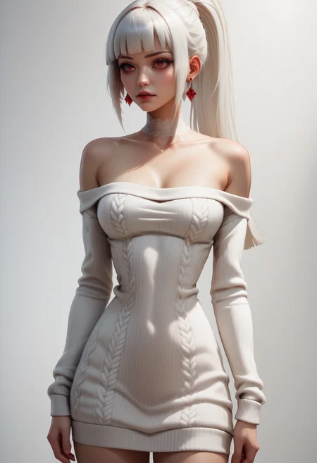 score_9, score_8_up, score_7_up,
1girl, solo, sexy short sweater dress, white dress, scoop neck, long sleeves, bare shoulders, lace choker, ruby earrings, standing, contrapposto, full body,
<lora:Dark_Sayuki_Pony_v0.1:0.5> d4rks4yuk1, white hair, hime cut, ponytail,