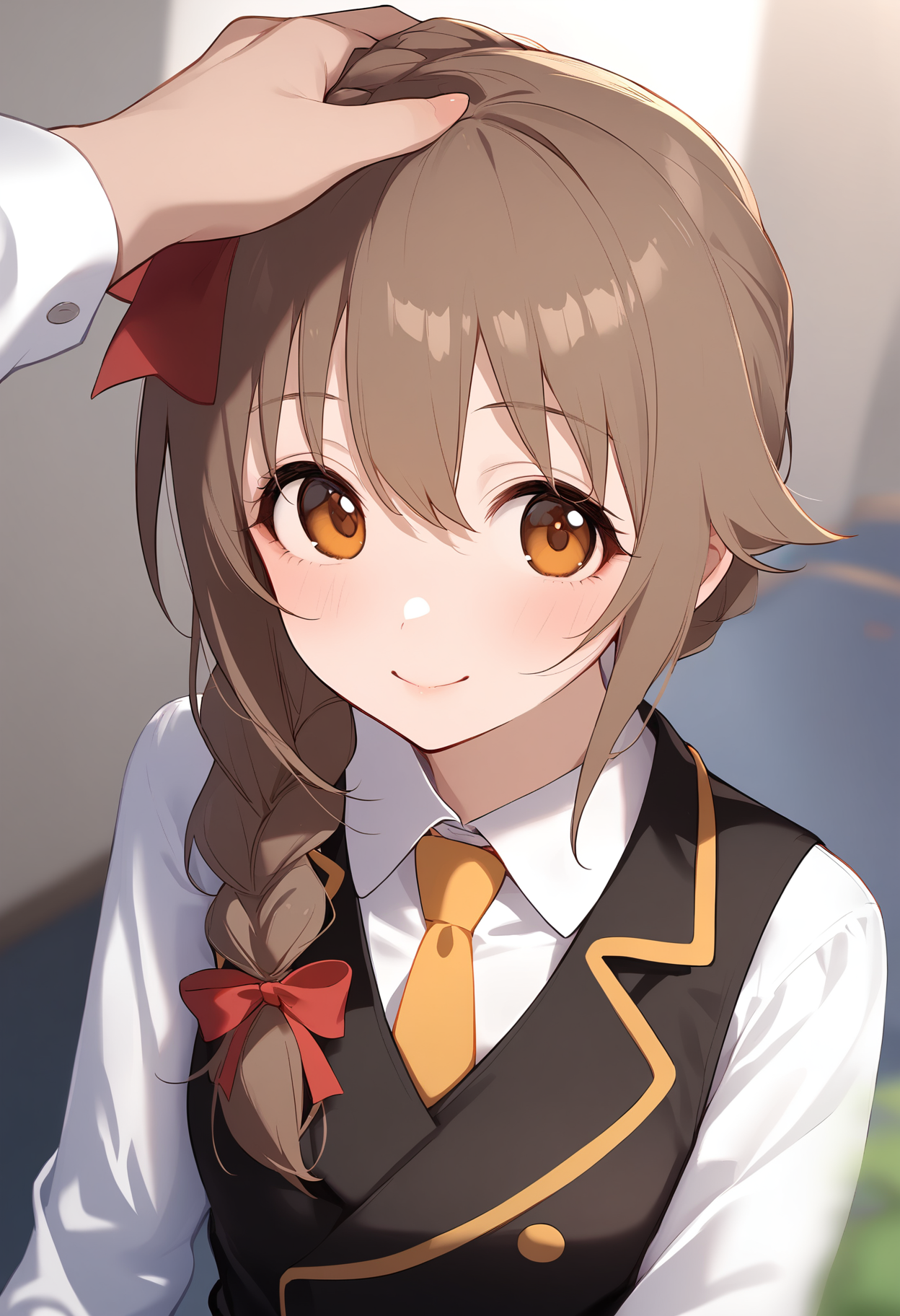 1girl,
senkawa chihiro,


single braid, blurry, upper body, long hair, shirt, ribbon, looking at viewer, blush, sidelocks, white shirt, pov, depth of field, red ribbon, braid, hair ribbon, smile, hair over shoulder, black vest, vest, collared shirt, headpat, hair between eyes, yellow necktie, long sleeves, closed mouth, pov hands, out of frame, brown hair, holding hands, yellow eyes, necktie, solo focus,

sfw
<lora:a31_char_new_senkawa_chihiro-000016:1> <lora:a31_style_koni-000010:0.8>