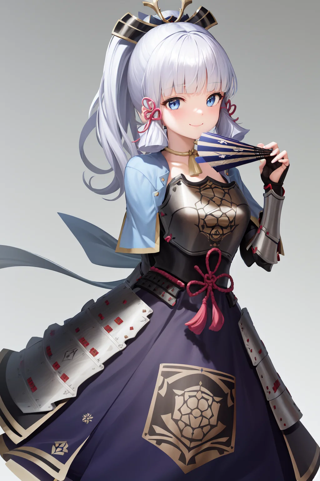 masterpiece, highres, best quality, 1girl solo, kamisato_ayaka, smile <lora:kamisato_ayaka:1.2>
arm guards, armored dress, breastplate, japanese armor, hand fan, fingerless gloves