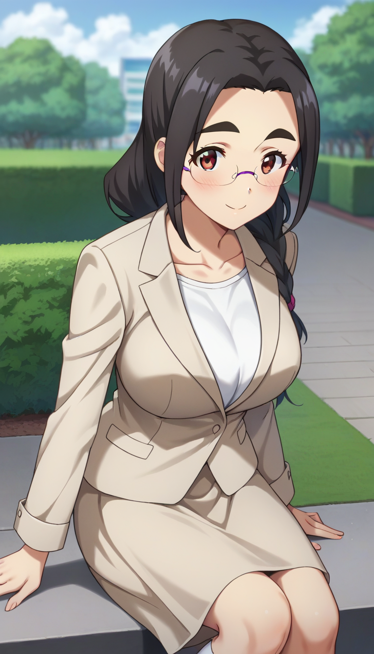 score_9,score_8_up,masterpiece,best quality,correct anatomy,anime_source,1girl,solo,perfect eyes,perfect arms,perfect legs,perfect face,outdoors,upper body,(portrait:1.5),looking at viewer,facing viewer,smile,blush,Miki Morishita,black hair,long hair,braid,forehead,thick eyebrows,brown eyes,rimless eyewear,collarbone,business suit,beige jacket,white shirt,large breasts,skirt suit,beige skirt,white socks,high heels,beige footwear,<lora:Miki Morishita(bnr)-Pony:1.4>,