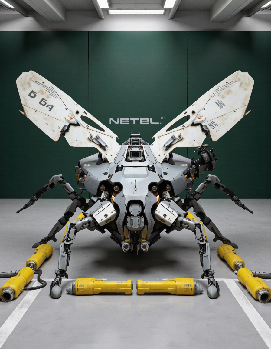 QuantumZ. A photo-realistic shoot from a low angle about a futuristic, sci-fi insect-like creature with wings, set in an industrial setting. the image also shows details such as text and numbers on the wings. on the center of the image, a robot-like insect appears to be in a crouching position, with its wings spread wide. the insect has a sleek, metallic design with a combination of grey and white colors. it has a large, open-ended wing with the number 64 on it, and its body is composed of various mechanical components such as sensors, actuators, and actuators. the robot is surrounded by small yellow barriers, and in the background, there is a green wall with the word "NETEL" written on it.