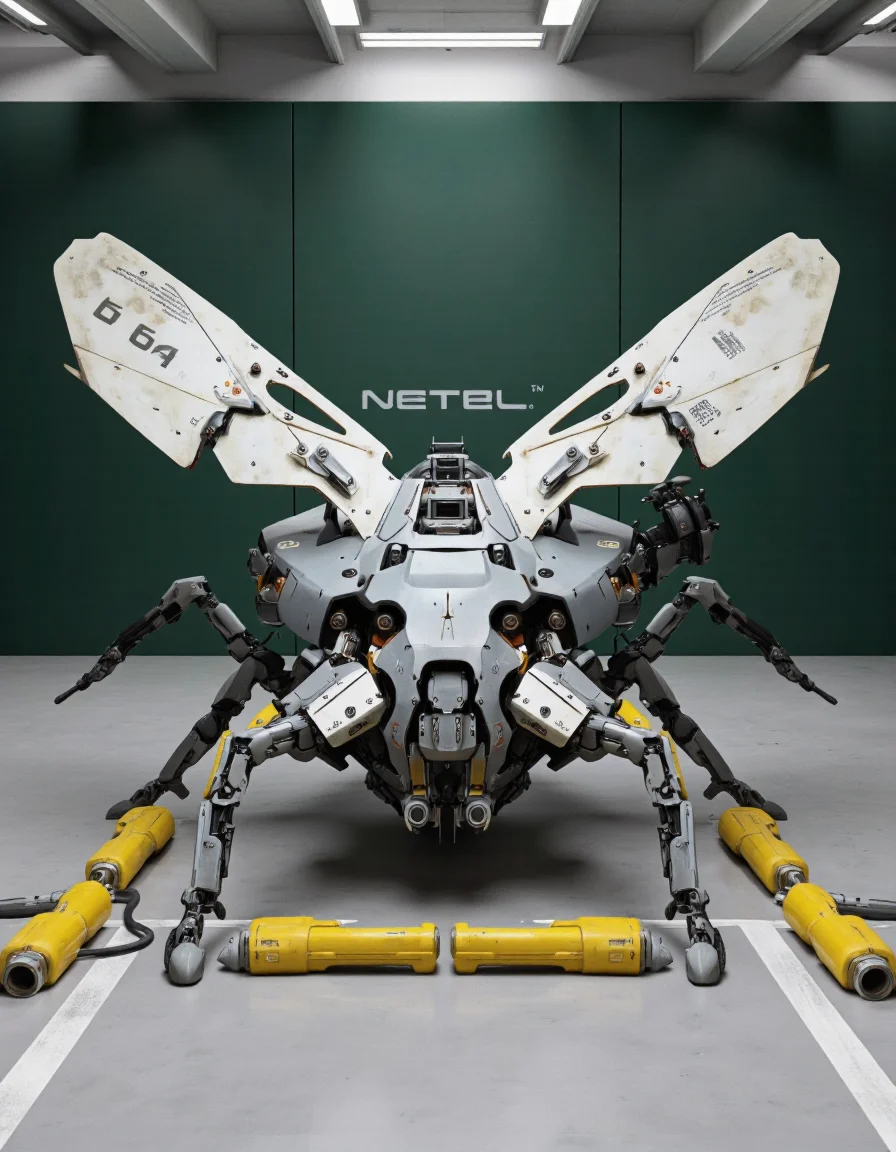 QuantumZ. A photo-realistic shoot from a low angle about a futuristic, sci-fi insect-like creature with wings, set in an industrial setting. the image also shows details such as text and numbers on the wings. on the center of the image, a robot-like insect appears to be in a crouching position, with its wings spread wide. the insect has a sleek, metallic design with a combination of grey and white colors. it has a large, open-ended wing with the number 64 on it, and its body is composed of various mechanical components such as sensors, actuators, and actuators. the robot is surrounded by small yellow barriers, and in the background, there is a green wall with the word "NETEL" written on it.