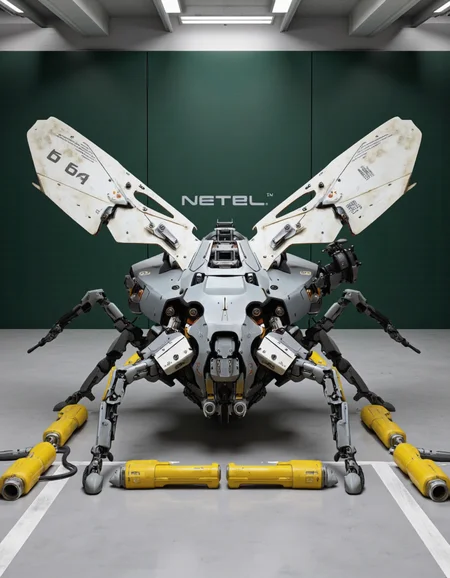 QuantumZ. A photo-realistic shoot from a low angle about a futuristic, sci-fi insect-like creature with wings, set in an industrial setting. the image also shows details such as text and numbers on the wings. on the center of the image, a robot-like insect appears to be in a crouching position, with its wings spread wide. the insect has a sleek, metallic design with a combination of grey and white colors. it has a large, open-ended wing with the number 64 on it, and its body is composed of various mechanical components such as sensors, actuators, and actuators. the robot is surrounded by small yellow barriers, and in the background, there is a green wall with the word "NETEL" written on it.