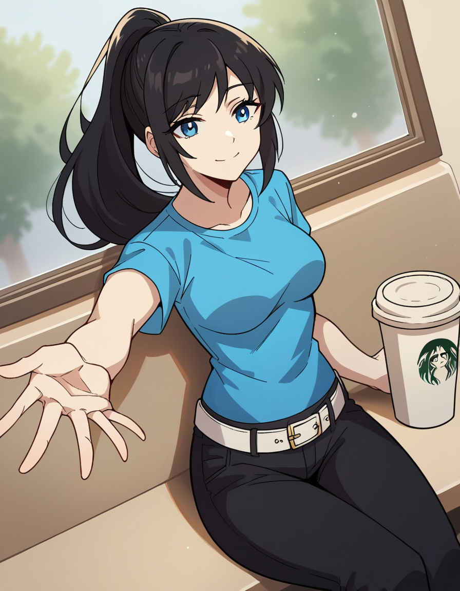 score_9, score_8_up, score_7_up, source_anime, <lora:classof09-nicole-ingame-ponyxl-lora-nochekaiser:1>, nicole, long hair, blue eyes, black hair, ponytail, medium breasts,, shirt, short sleeves, belt, pants, black pants, blue shirt, t-shirt, cafe, coffee cup, barista, sitting down, talking, relaxing, sunlight through window, smile, looking at viewer, on back, arm support, arms up, incoming hug, pov, reaching, reaching towards viewer,, solo,, dutch angle,