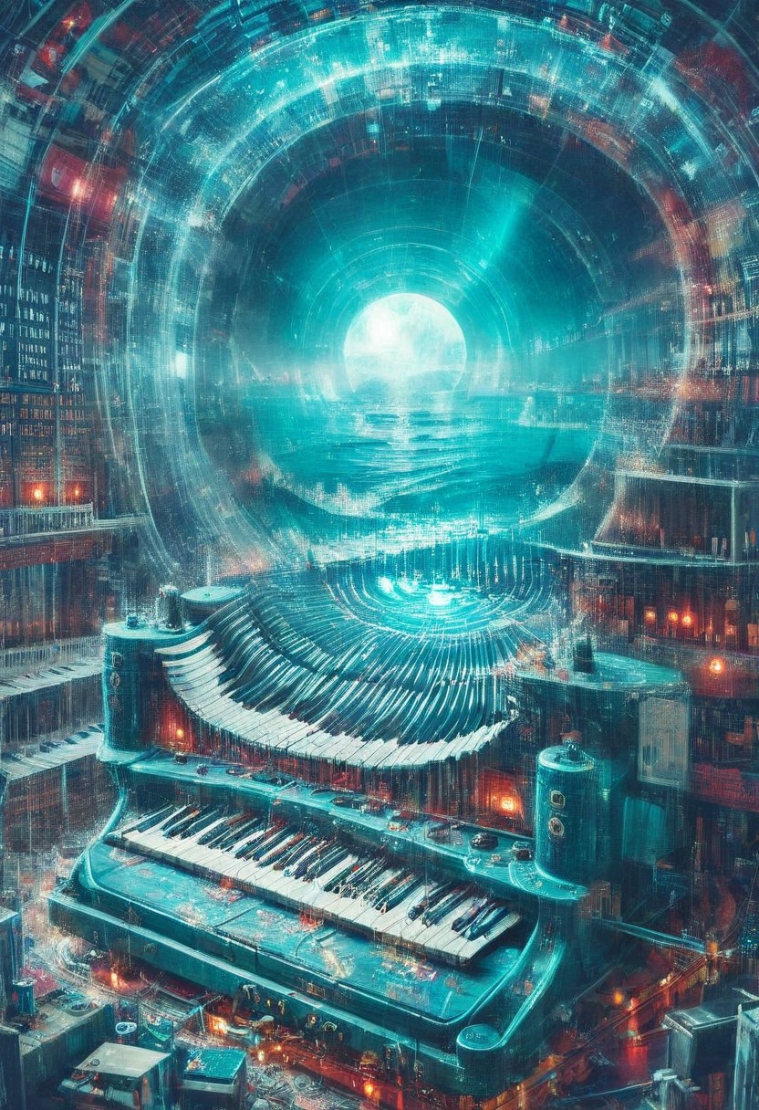 double exposure of opera diva Hatsune Miku with long floating aqua twintails singing high note merging with a printed circuit board of Yamaha electronics chip processor, <lora:DoubleExposure:1>, (head:1.8), <lora:The Phantom of the Opera style:1.5> The Phantom of the Opera style, <lora:loraeyesxl:0.4>
