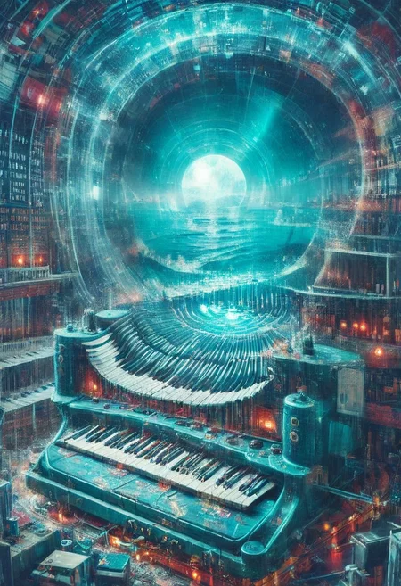 double exposure of opera diva Hatsune Miku with long floating aqua twintails singing high note merging with a printed circuit board of Yamaha electronics chip processor, <lora:DoubleExposure:1>, (head:1.8), <lora:The Phantom of the Opera style:1.5> The Phantom of the Opera style, <lora:loraeyesxl:0.4>
