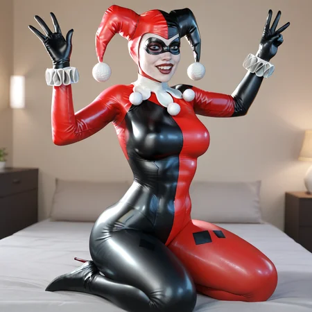 <lora:harleyquinninjustice2_pony_v1:.9> harleyquinnjesterinjustice2, 1girl, black bodysuit, medium breasts, hat, domino mask, skin tight, thick thighs, black gloves, pom pom (clothes), facepaint, jester cap, makeup, lipstick, red bodysuit, latex, lips, kneepits, wrist cuffs, asymmetrical clothes, multicolored clothes, shiny clothes