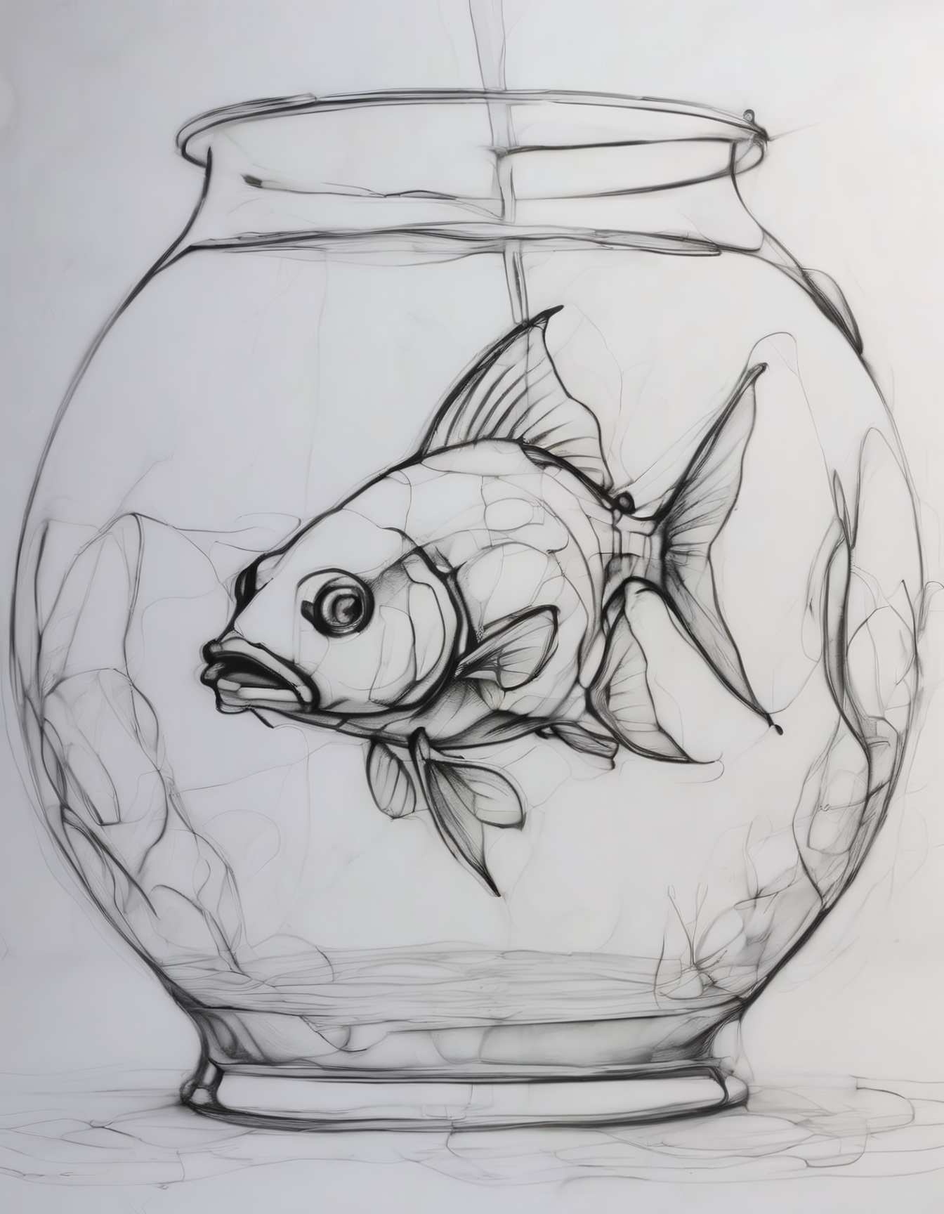 pencil contour drawing of a goldfish in an aquarium, 4k, uhd, masterpiece