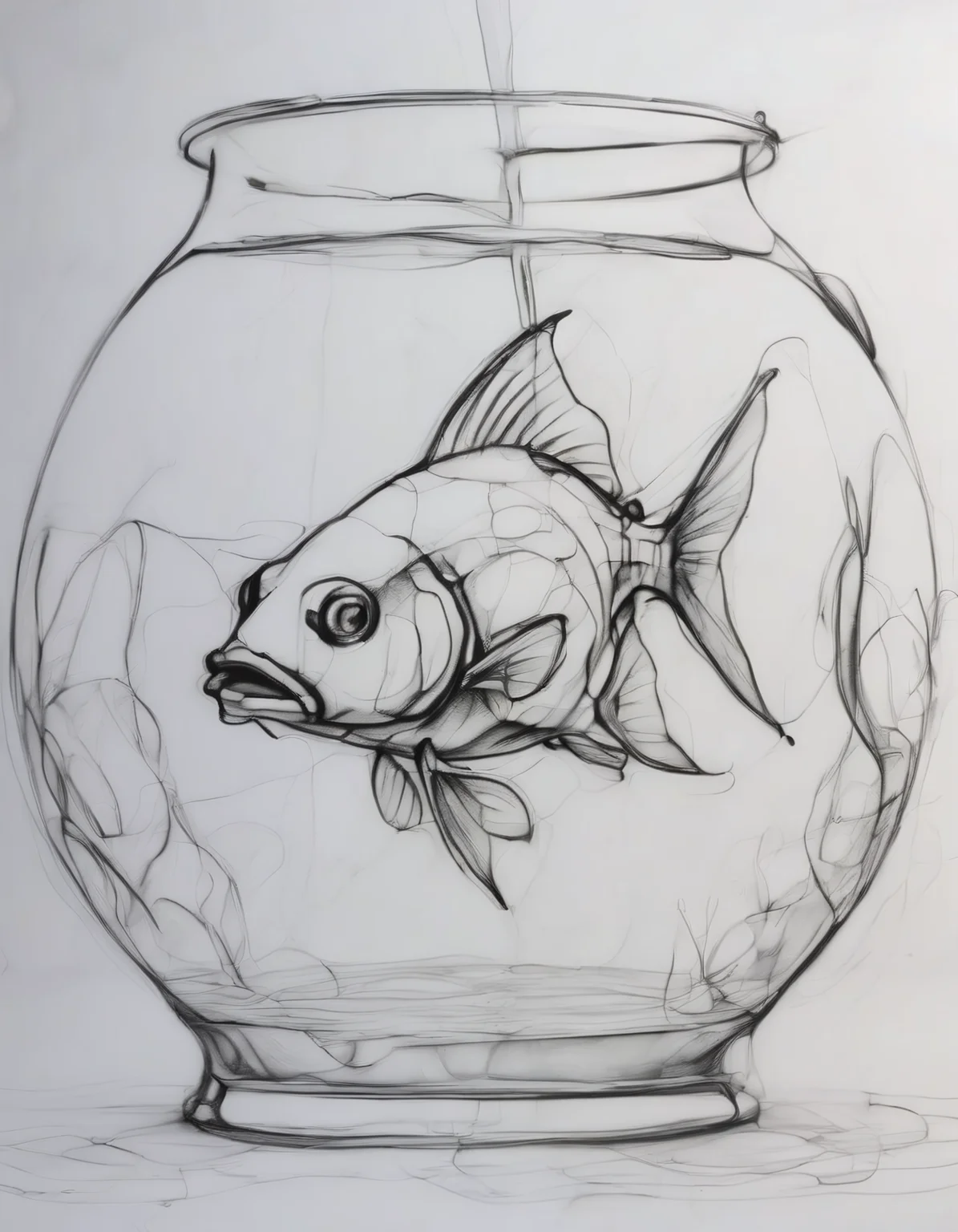 pencil contour drawing of a goldfish in an aquarium, 4k, uhd, masterpiece