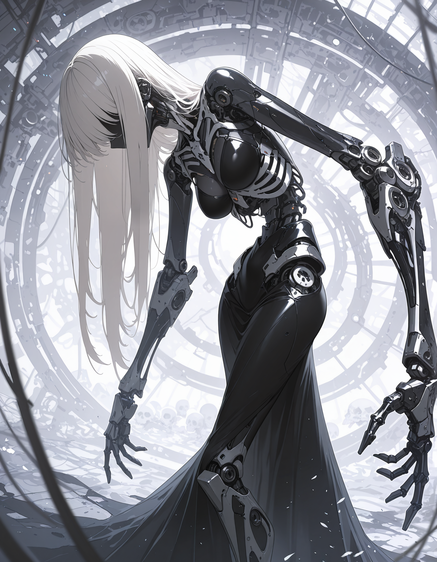 masterpiece, best quality,high quality, newest, highres, absurdres,4ur4_illu,shiny, <lora:Aura_illu:1>,1girl, solo, long hair, dress, medium breasts, white hair, black dress, feet out of frame, robot, faceless, science fiction, skull, long dress, joints, mechanical arms, no eyes, cyborg, skeleton, robot joints, faceless female, mechanical parts, mechanical legs, dynamic pose, , limited palette,
dynamic composition,abstract_composition ,detailed background,depth of field,