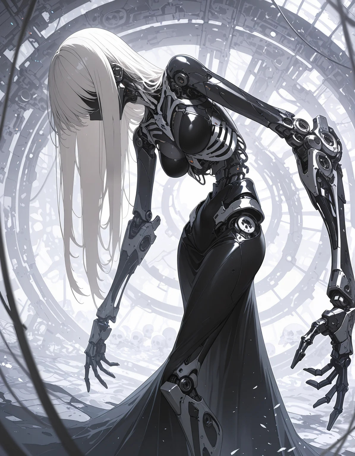 masterpiece, best quality,high quality, newest, highres, absurdres,4ur4_illu,shiny, <lora:Aura_illu:1>,1girl, solo, long hair, dress, medium breasts, white hair, black dress, feet out of frame, robot, faceless, science fiction, skull, long dress, joints, mechanical arms, no eyes, cyborg, skeleton, robot joints, faceless female, mechanical parts, mechanical legs, dynamic pose, , limited palette,
dynamic composition,abstract_composition ,detailed background,depth of field,