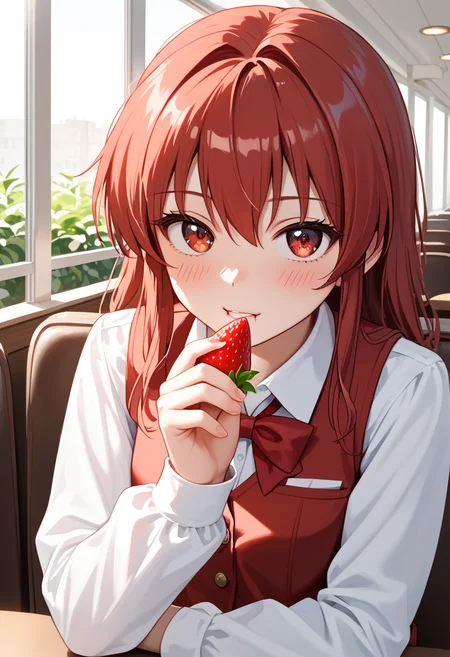 score_9_up, score_8_up, score_7_up, BREAK source_anime, (masterpiece), (best quality), 1girl, okazaki yumemi, red hair, bow, red eyes, long hair, red vest, white shirts, long sleeves, red ribbon, cafe, biting a strawberry, blushed, looking at viewer, lean to viewer, closeup, (from front:0.5), (ultra detailed), sunlight, shine, <lora:yumemi_okazaki(touhou)-V1:1>