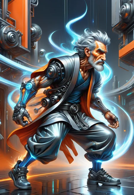hyper detailed masterpiece, dynamic, awesome quality, DonMFmaXL male blacksmith, geriatric supple, greek, steel gray eyes, unique ears, short nose, uneven cheeks, unconventional piercings, petite goatee with soul patch , grey tousled waves hair, nervousness, tense crouch, character crouches low with arms tensed, prepared for a sudden action, wearing levitating harem pants, dystopian landscape print orange digital mesh kimono, , one hand raised, signaling a question, rain-soaked streets with neon reflections, high-tech corporate boardrooms with holographic presentations, corporate cyberpunk, <lora:DonMFmaXL-000008:1>