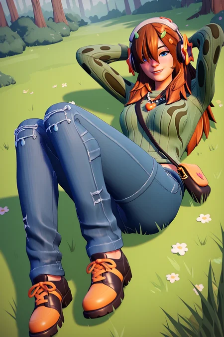 score_9, score_8_up, score_7_up, score_6_up, BREAK, PJFOPXL, blue eyes, brown hair, long hair, hair over one eye, hair ornament, headphones, medium breasts, necklace, green sweater, long sleeves, bag, denim pants, black shoes, solo, full body, lying on grass, arms behind head, seductive smile, looking at viewer, naughty face, nose blush, forest <lora:PJFOPXL_r2:1>