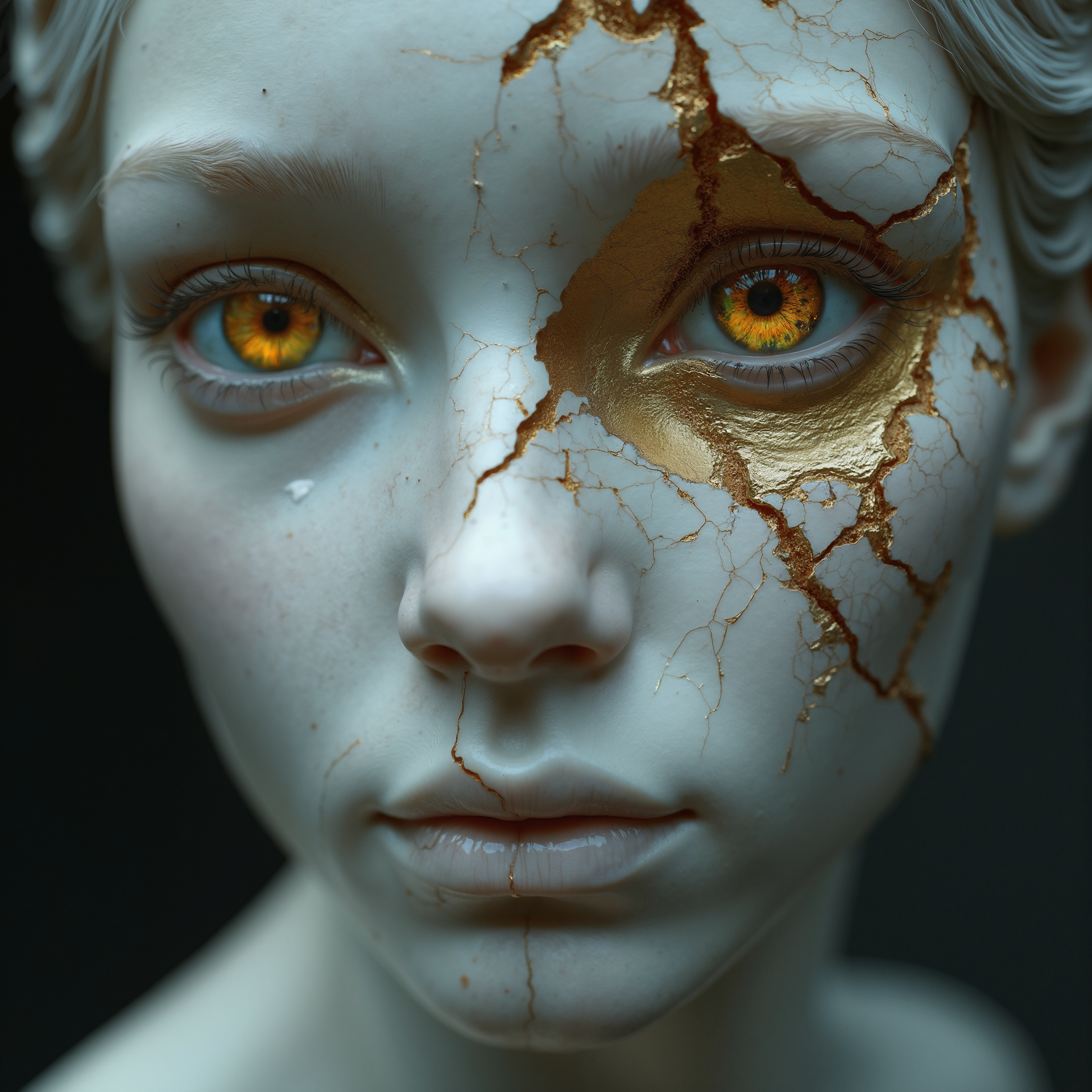In a captivating portrait of striking emotional intensity, we find ourselves gazing upon a young woman's face that has been transformed into an intricate white marble statue. The exquisite sculpture is adorned with delicate golden kintsugi repairs, filling the fissures and lending the piece a sense of restored beauty amidst imperfection. Goldened irises gleam vibrantly in stark contrast to the cool undertones that pervade the shadowed areas of the marble surface.
The masterful use of high-contrast lighting emphasizes texture and depth, with intricate sculpting resulting in hyper-realistic skin texture visible down to every pore and freckle. A dramatic chiaroscuro effect creates an interplay between light and shadow that accentuates the contours of her face, while the rule of thirds composition draws our gaze into her haunting yet ethereal countenance.
Shot in breathtaking 8k resolution with a shallow depth of field and soft background blur, this image exudes a cinematic atmosphere that is further accentuated by sharp focus on the eyes and lips, finely chiseled features, and delicate craftsmanship visible not only in her marble visage but also in the intricate golden repairs. Weathered patina adorns the marble surface, providing an air of age and history to this hauntingly beautiful masterpiece. The expertly balanced tonal range creates a captivating interplay between warm highlights on the edges and cool undertones in the shadowed areas that evoke both fragility and resilience.
This award-winning photography transcends mere art, with museum-quality artwork showcasing breathtaking beauty born from imperfection. The resulting piece is a testament to the delicate craftsmanship evident not only in the original sculpture but also in the meticulous golden repairs. This haunting yet exquisite portrait serves as an enduring reminder that even the most fractured of souls can be mended, and beauty can be found within the cracks.