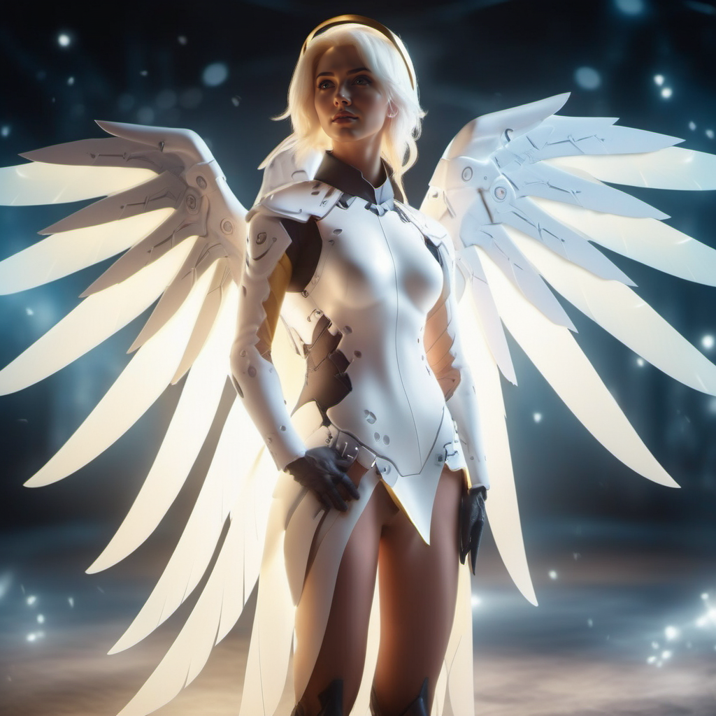 cinematic photo a realistic woman dressed in white with wings and an angel's halo , fantasy world <lora:Angel1024-000390:0.8> . 35mm photograph, film, bokeh, professional, 4k, highly detailed