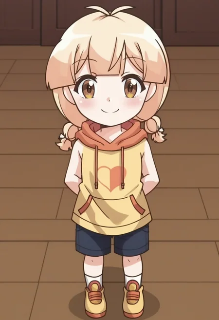 source_anime,anime screencap, anime coloring,intricate details,rating_safe, masterpiece, best quality,
(best quality, absurd res, ultra detailed),,(4 finger:0.5),1girl, ((solo)), good eyes,perfect eyes,,detailed eyes, zPDXLxxx , zPDXL3,detailed, detailed face
BREAK
solo,indoors,standing,front view,full body,
hawa, brown eyes, blonde hair, twin braids, antenna hair,hoodie, shorts,,
smile,happy,closed mouth,
, <lora:add-detail-xl:2>  <lora:hawa:0.8>