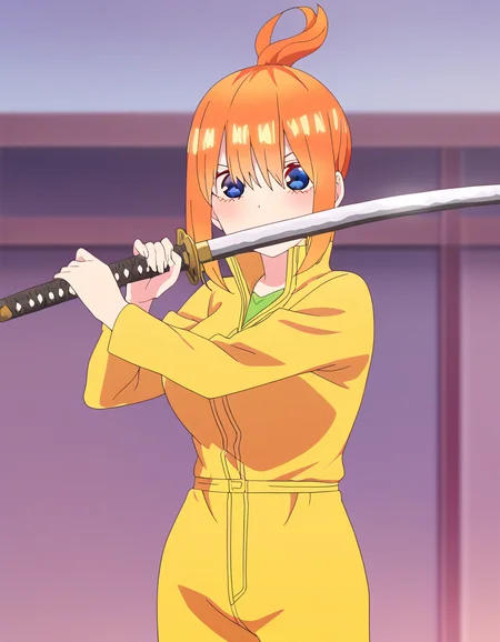 masterpiece, best quality, newest, absurdres, highres, safe,, <lora:yotsuba-nakano-honeymoon-ponyxl-lora-nochekaiser:1>, yotsuba nakano, short hair, bangs, hair between eyes, blue eyes, ponytail, orange hair, eyebrows hidden by hair, large breasts, anime screencap, <lora:sword-guard-stance-illustriousxl-lora-nochekaiser:1>, sword guard stance, sword, weapon, solo, katana, holding, holding weapon, holding sword, looking at viewer, jumpsuit, yellow jumpsuit, high collar, cowboy shot, pants,, ,