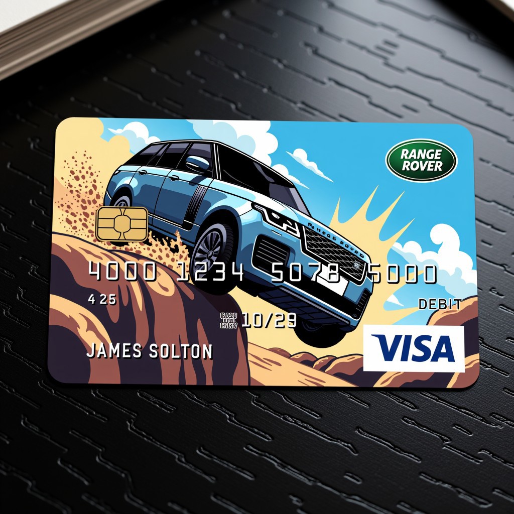 The image is a digital illustration on a custom Visa credit card, featuring an anime-style Range Rover car jumping off a cliff. The scene is dynamic, capturing the car in mid-air with intense action and motion, surrounded by dust and debris. The Range Rover is designed with sleek, futuristic lines, enhanced by bold, vibrant colors typical of anime style.
The card is laying on a black wood table, with the camera angle set at a 45-degree view from above. The table’s texture and reflections are visible, creating a realistic contrast with the intense, stylized action on the card. The car’s movement is enhanced with motion blur and exaggerated details, making it appear as if the car is leaping from the cliff with incredible speed and energy.
The card design features intricate borders and metallic accents, adding depth to the scene. The background of the image should have a sense of dramatic perspective, showing the cliff edge, distant rocks, and a blurred horizon. The colors should be vibrant, with dramatic lighting and shadows that highlight the action.