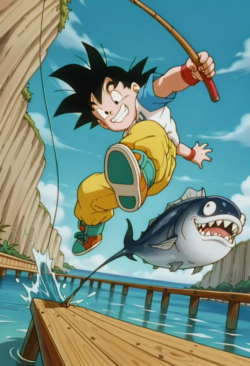 masterpiece, best quality, amazing quality, official artstyle, g0kujr, male, human, young, solo, black hair, spiked hair, black eyes, short, white t-shirt, blue short sleeves, red wristbands, yellow pants, turquoise shoes, standing on the dock, jumping, pulling the fishing rod, emotion movement, dynamic pose, dynamic movement, dynamic pose, foreshortening, extreme perspective, fishing, looking at the water, fishing rod on his hands, holding a fishing rod, catching a big fish, big fish caught, big fish biting a hook, struggling, happy face, face, smile, outdoors, c0zy b34ch hut, sunny day, side view