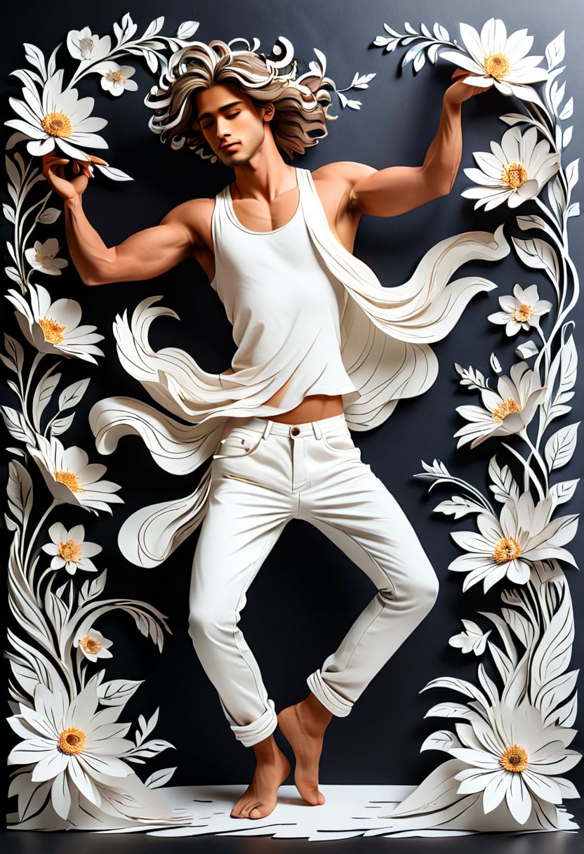 artshmll, pencil contour drawing, artfshnshtr, artxldnc
Paper Cutting art, a beautiful MAN, 1BOY in a white TANK with loOse shorts dancing on a sea of flowers, a paper cut artwork in the simple design style, a beautiful man with long hair and a white pants dancing in the wind surrounded by flowers, a paper sculpture of a beautiful man with long pants and a white tank dancing in the wind surrounded by flowers on a white and black background, against a dark background, and high contrast, at high resolution, delicate lines and details, in a dynamic pose, in a wide angle, in the style of a paper cutout, flowers flying around him, detailed and intricately cut from paper, full body shot, holding flowers in his hand, in a cinematic style., light gray and navy blue tones, in white and silver colors, rendered in 3D at a high resolution in the style of paper cuttings art., of high resolution and high quality., with a flowing,  with a white color tone and a dark background, with high detail and high resolution., with exquisite carving techniques creating three-dimensional effects, with intricate details, with a dynamic composition against a dark background, with layered lines and paper cutouts forming delicate curves and a dreamy atmosphere with soft edges and atmospheric effects