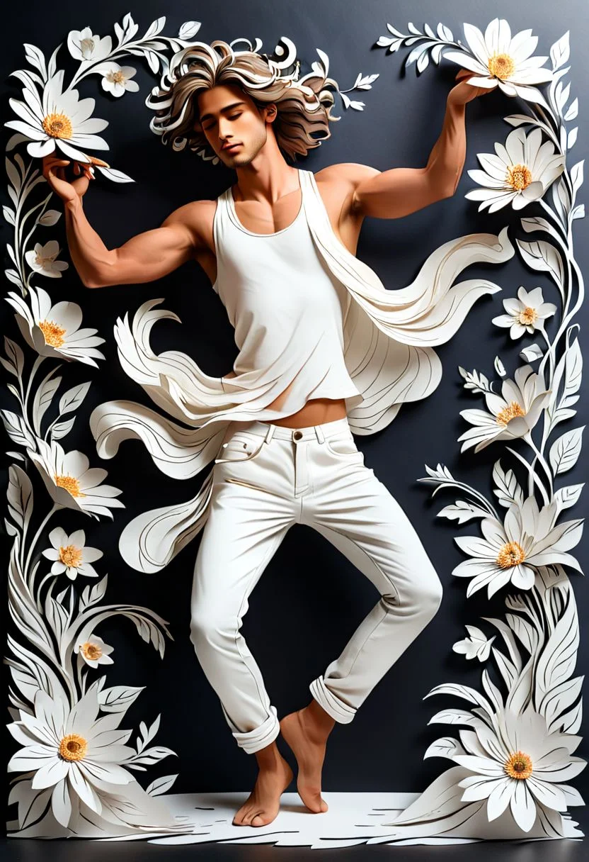 artshmll, pencil contour drawing, artfshnshtr, artxldnc
Paper Cutting art, a beautiful MAN, 1BOY in a white TANK with loOse shorts dancing on a sea of flowers, a paper cut artwork in the simple design style, a beautiful man with long hair and a white pants dancing in the wind surrounded by flowers, a paper sculpture of a beautiful man with long pants and a white tank dancing in the wind surrounded by flowers on a white and black background, against a dark background, and high contrast, at high resolution, delicate lines and details, in a dynamic pose, in a wide angle, in the style of a paper cutout, flowers flying around him, detailed and intricately cut from paper, full body shot, holding flowers in his hand, in a cinematic style., light gray and navy blue tones, in white and silver colors, rendered in 3D at a high resolution in the style of paper cuttings art., of high resolution and high quality., with a flowing, with a white color tone and a dark background, with high detail and high resolution., with exquisite carving techniques creating three-dimensional effects, with intricate details, with a dynamic composition against a dark background, with layered lines and paper cutouts forming delicate curves and a dreamy atmosphere with soft edges and atmospheric effects